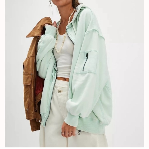 Free People We The Free jacket zip up Thermal hoodie jacket size M light green - Picture 1 of 14
